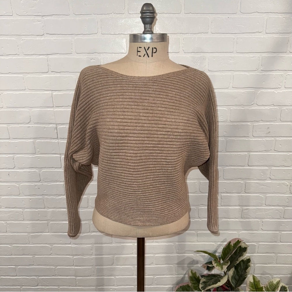 Anthropologie Taupe Ribbed Batwing Boatneck Sweater